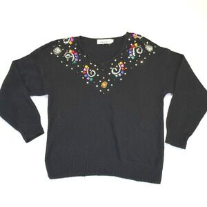 Vintage 1990s Diversity‎ Black Beaded Sweater Rhinestone Embellished Women's L